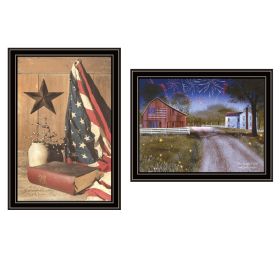 Trendy Decor 4U 2- Piece Vignette Star Spangled Night, God & Country Black Framed Wall Art for Living Room