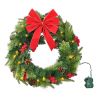 VEVOR Christmas Wreath, 24 Inches Pre-Lit Artificial Christmas Wreath with 50 LED Lights and Timer, Decorated with Pine Cones, Red Berry Clusters