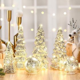 6 Pcs Mercury Glass Christmas Tree for Tabletop Light up Figurine Christmas Tree Mercury Cracked Glass Globe with Light for Xmas Decor Home Party Cent (Color: Silver)