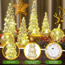 6 Pcs Mercury Glass Christmas Tree for Tabletop Light up Figurine Christmas Tree Mercury Cracked Glass Globe with Light for Xmas Decor Home Party Cent (Color: Gold)