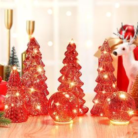 6 Pcs Mercury Glass Christmas Tree for Tabletop Light up Figurine Christmas Tree Mercury Cracked Glass Globe with Light for Xmas Decor Home Party Cent (Color: Red)